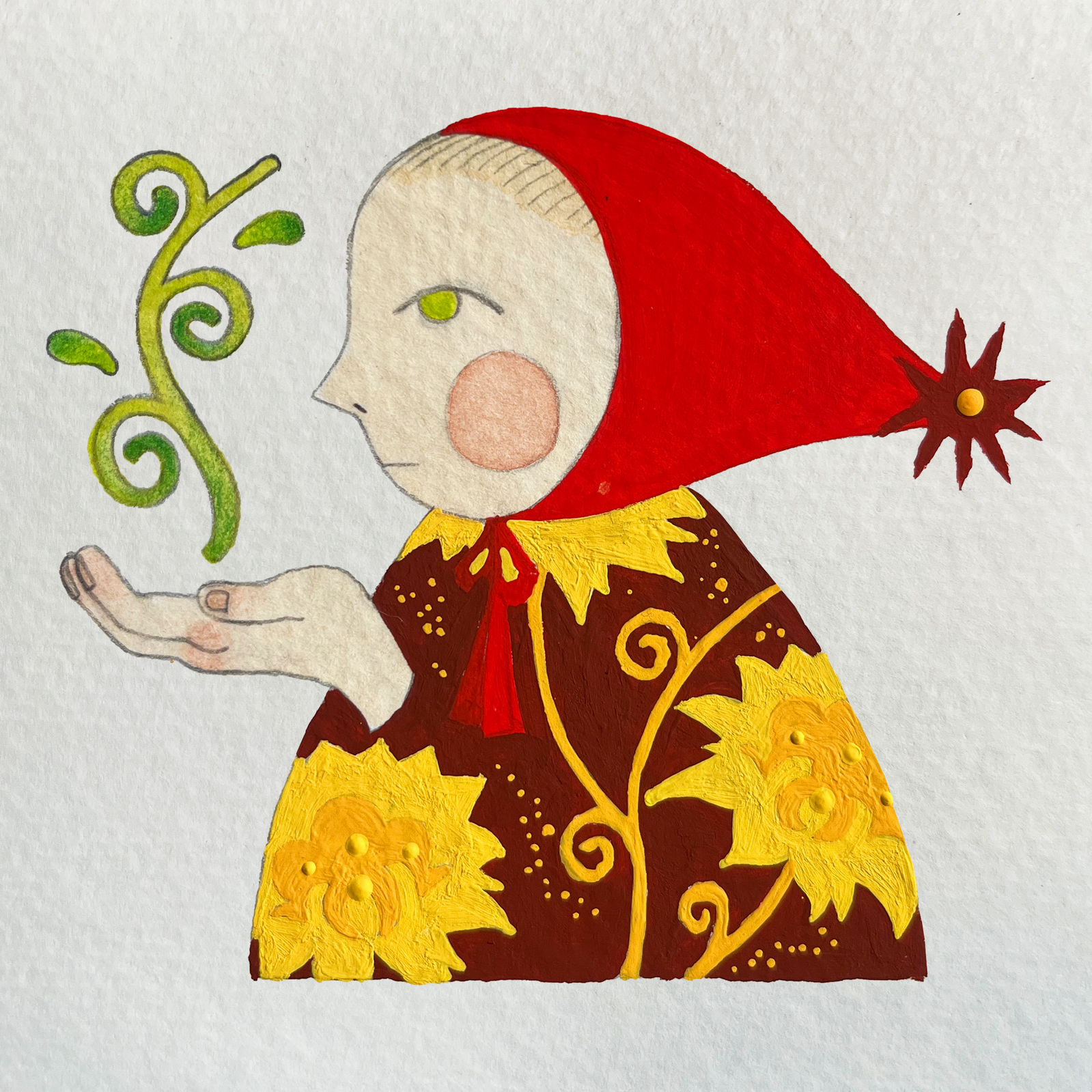 Gouache painting of a slavic woman in traditional clothing holding a plant