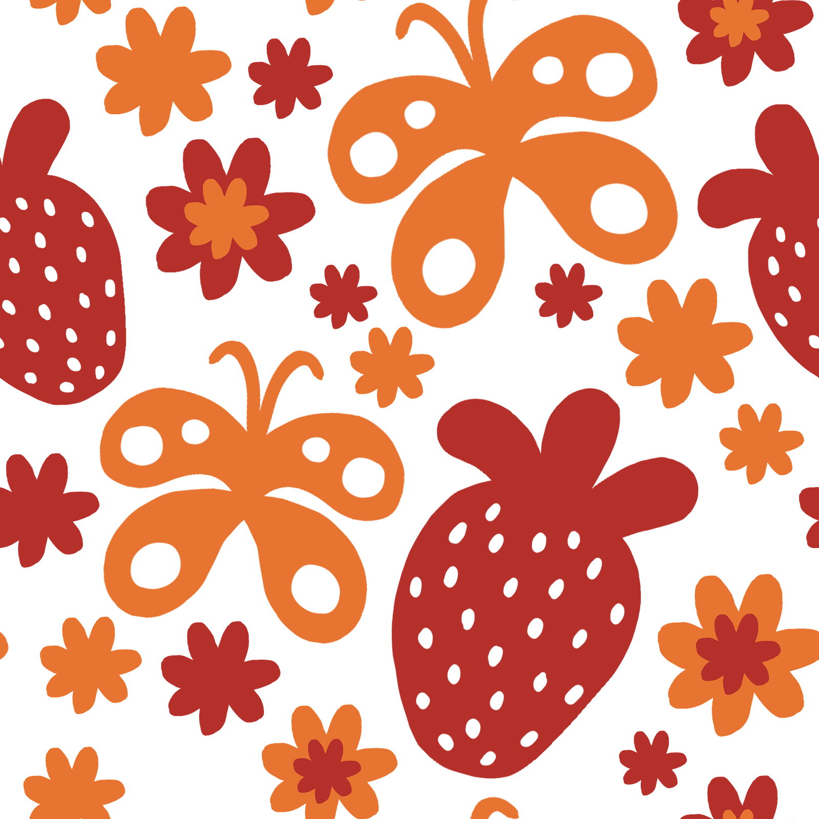 A seamless pattern with strawberries, butterflies and flowers. Themed orange and red with a 70's design in mind.