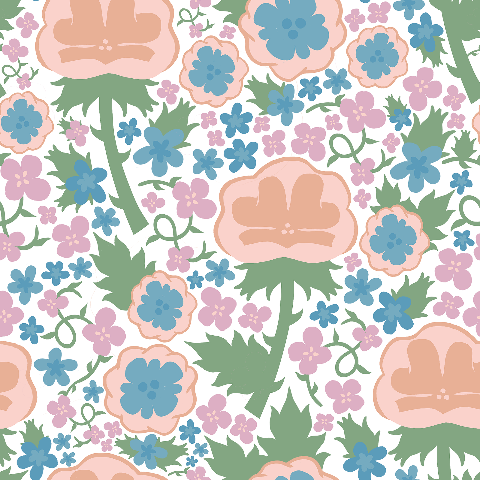 A heavy spring floral pattern with flowers and leaves.