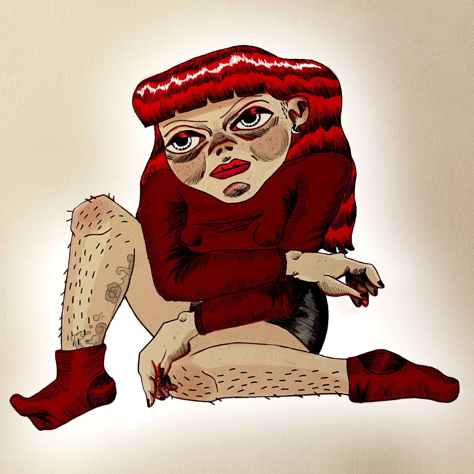 A self portrait of myself sitting with one knee up, drawn in a traditional tattoo sheet style.