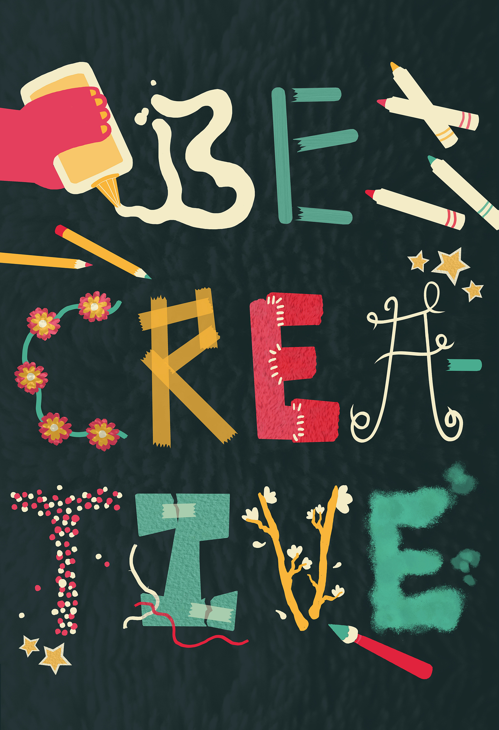 A classroom poster mockup geared towards childrens art classes. Each letter is made up of craft materials and spells out ,"Be Creative".