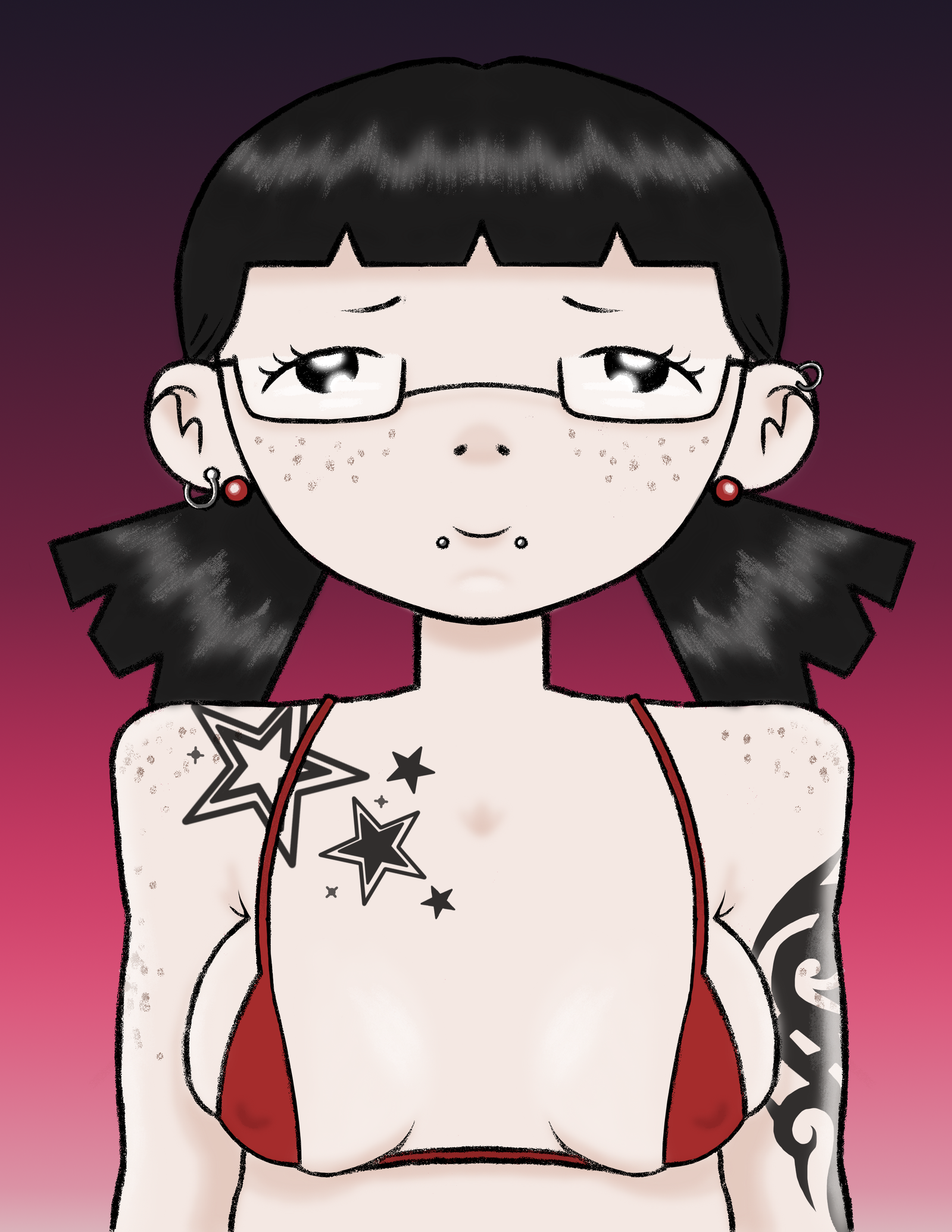 Digital drawing of an anime style girl with tattoos in a bikini