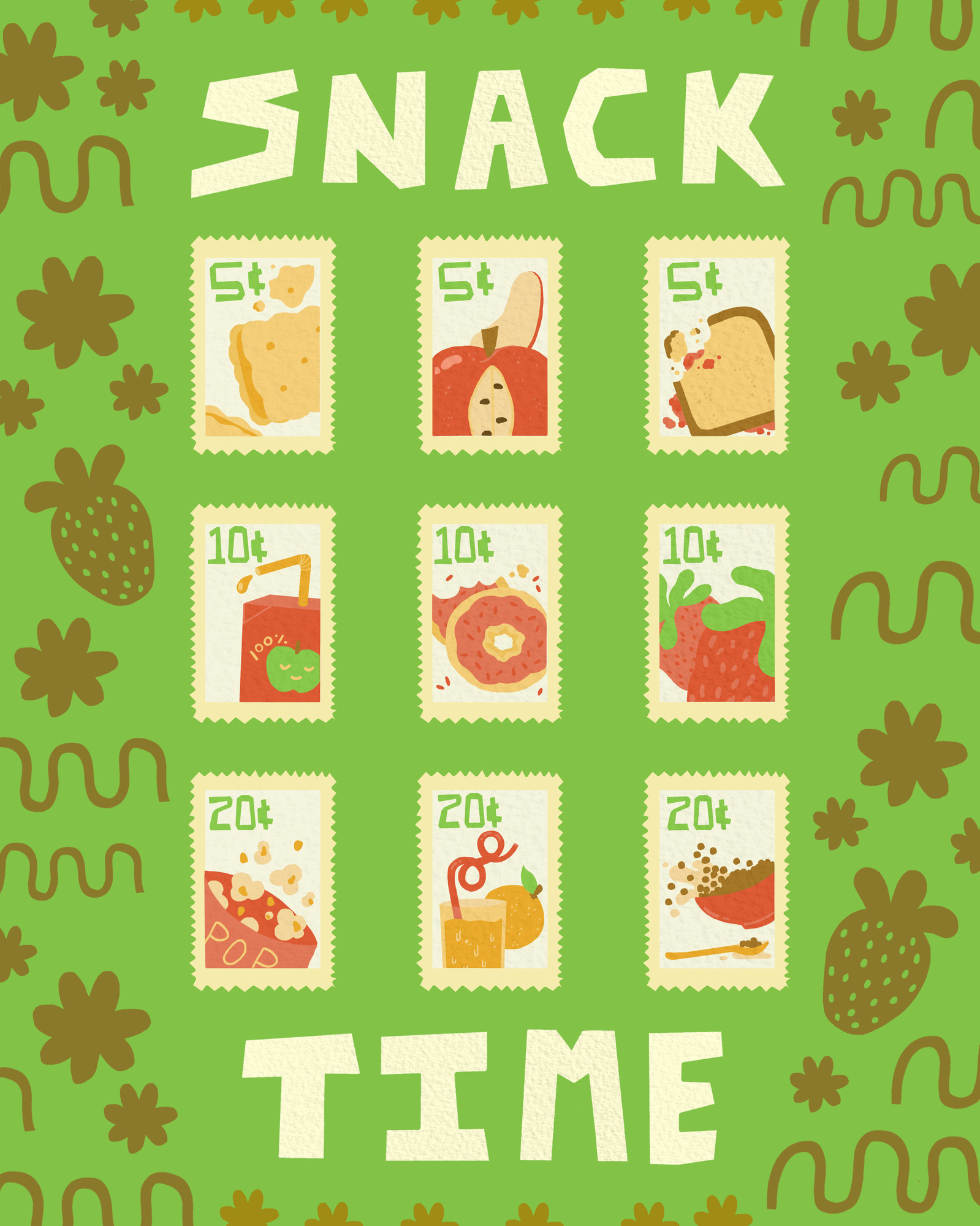 A mockup set of 9 stamps geared towards kids with a snack time theme.