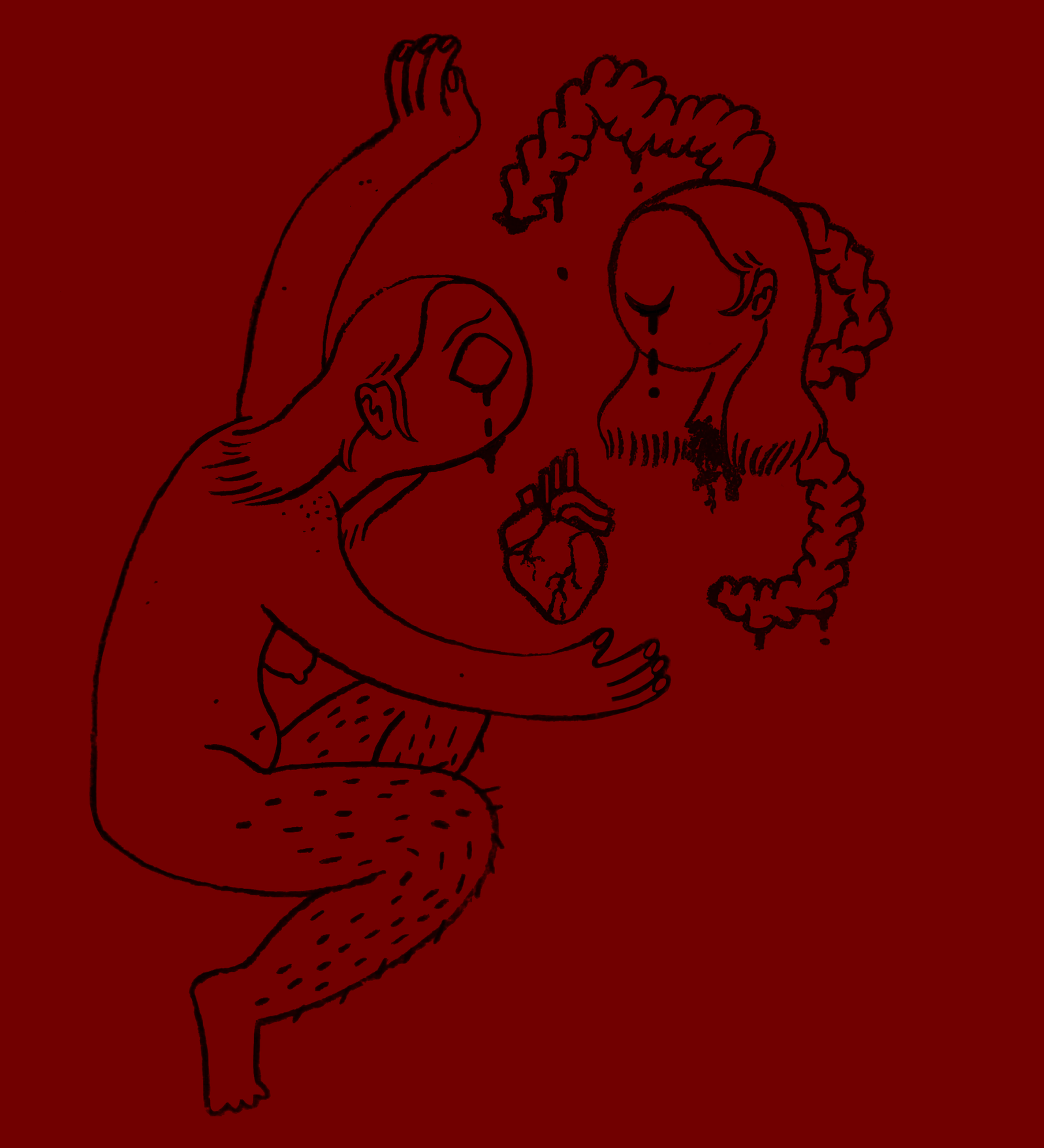 Illustration of woman shielding a disembodied head, organs and heart