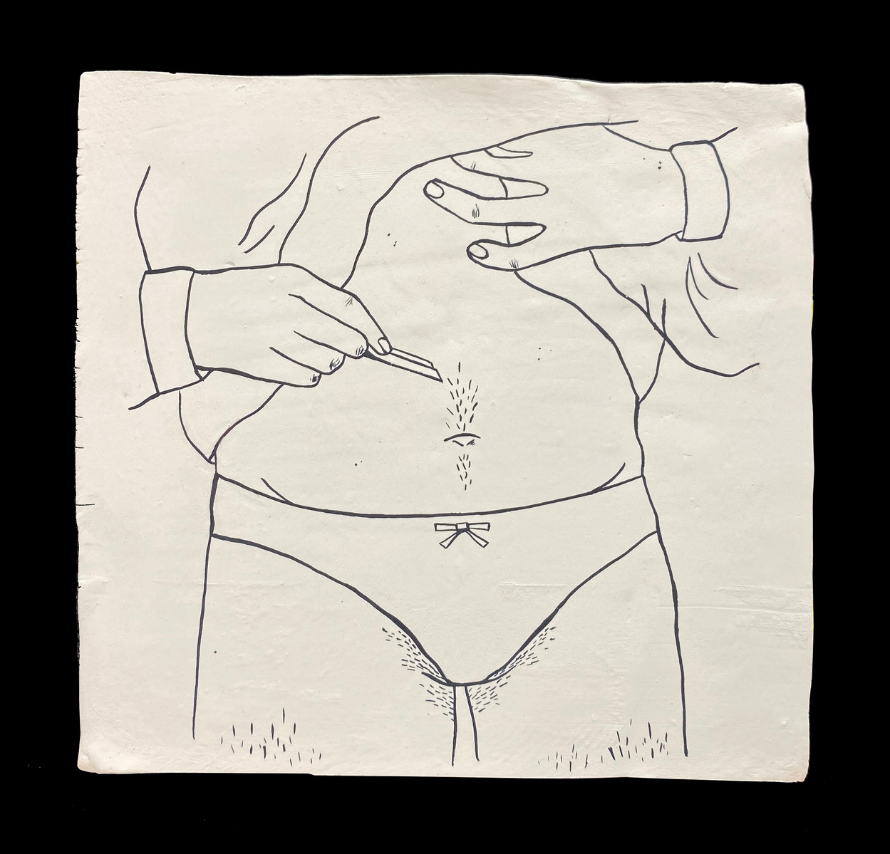 An illustration on top of a ceramic plate. A portrait of someone plucking out happy trail hairs in a sweater and their underwear. Midsection view.