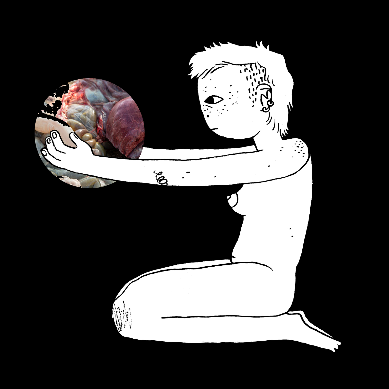Drawing of a woman sitting on the ground holding a ball of deer guts