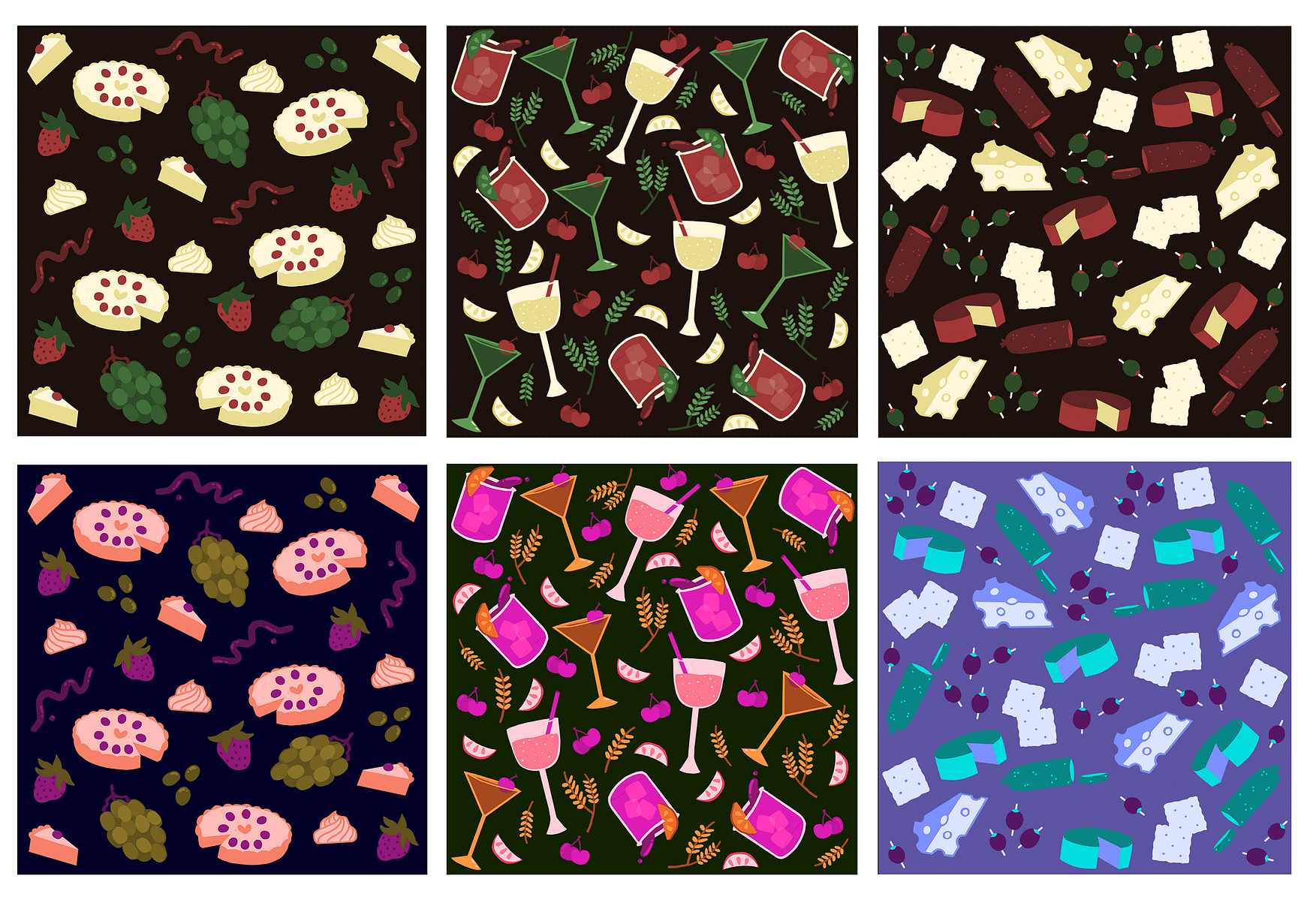 A set of 3 charcuterie themed seamless patterns and three alternative color ways.