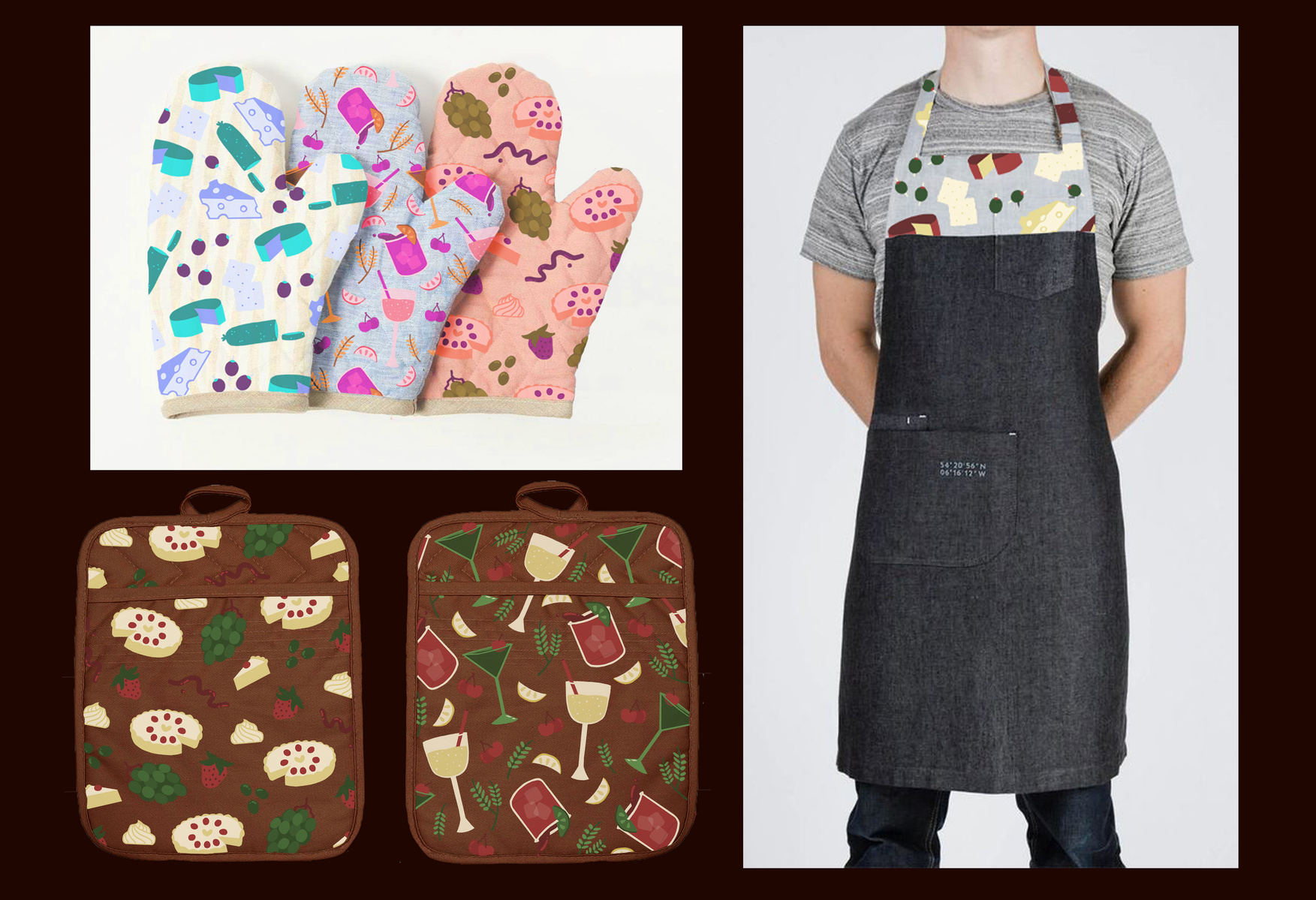 The "Charcuterie Night" patterns mocked up onto a set of oven mitts, an apron, and pot holders.