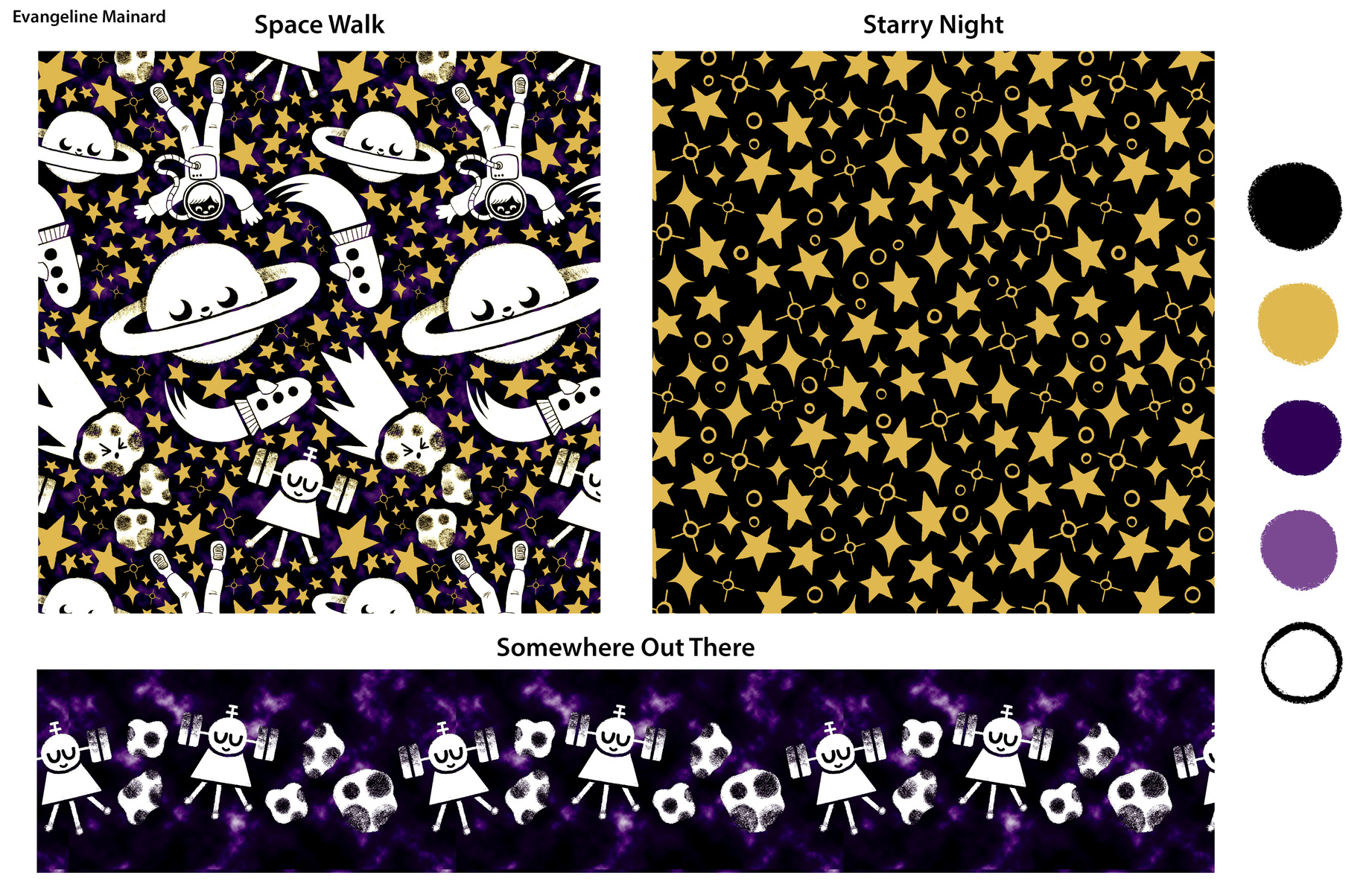 A set of three space themed seamless patterns