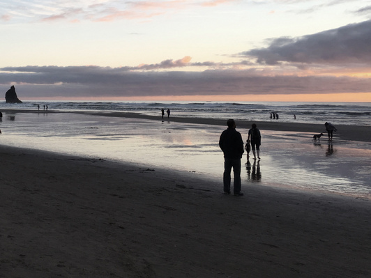Human objects along coastline during sunset in Cannon Beach, Oregon, highlighting contrast between foreground and background