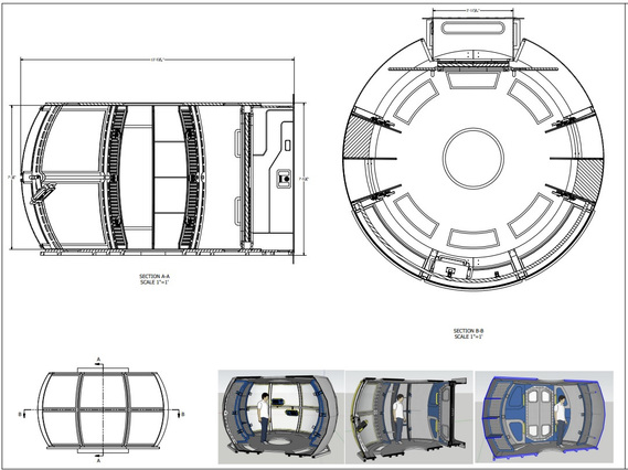 Technical drawing of front elevation and 2 sectional views of a set. The set is a circular space shuttle. There are 3 rendered views with a person for scale.