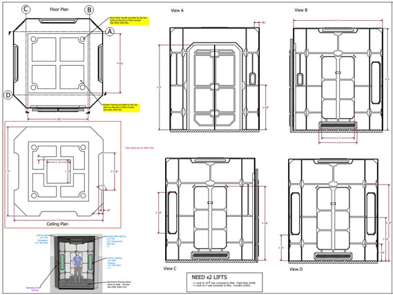 Technical drawing of an elevator showing floor plan, ceiling plan, and each wall elevation. There is a render with details for lighting details.