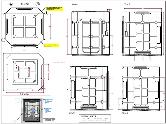 Technical drawing of an elevator showing floor plan, ceiling plan, and each wall elevation. There is a render with details for lighting details.