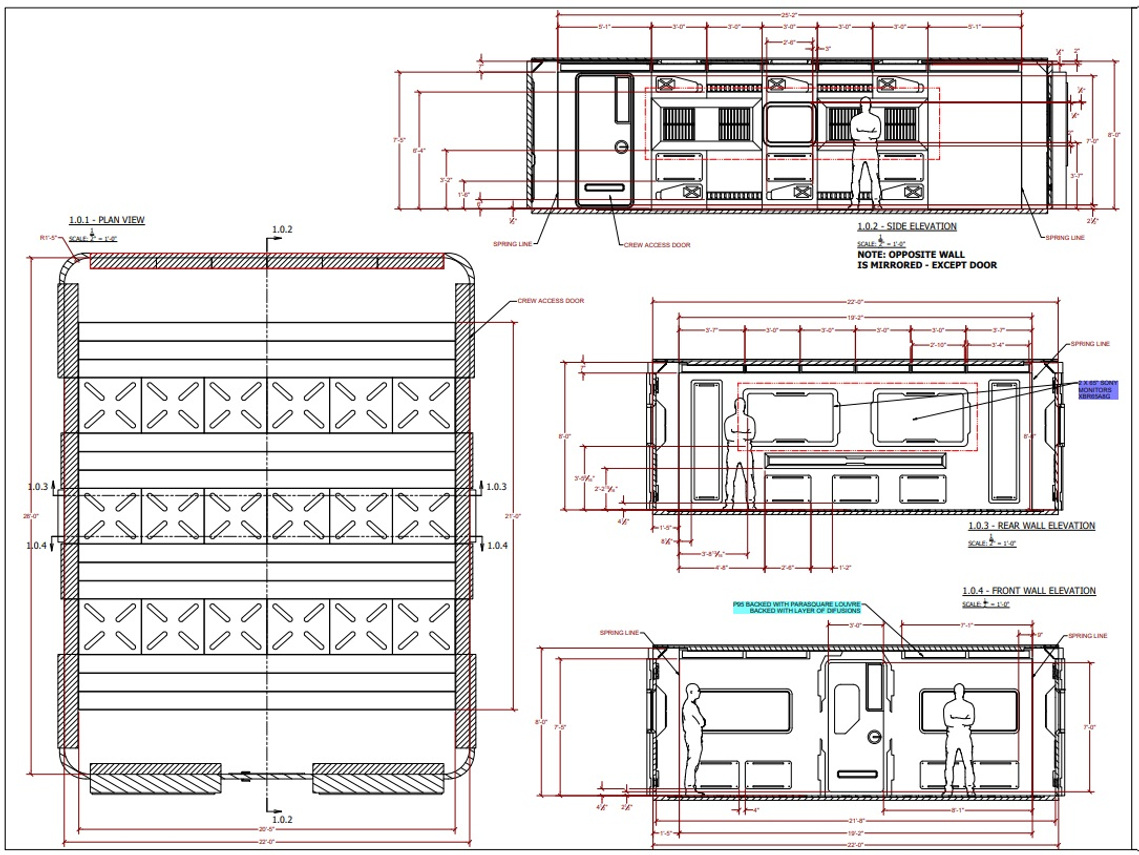 Technical drawing for a set for television showing plan and elevation views. Includes full annotations and notes for construction and lighting departments. The set is a rectangular room with futuristic styling. 