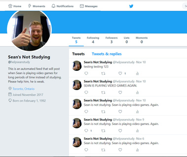 Screenshot from a twitter page called 'Sean's Not Studying'. The tweets are all some variation of 