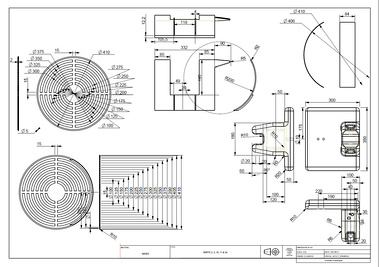 Technical drawing showing fully dimensioned orthographic views of a number of the components.