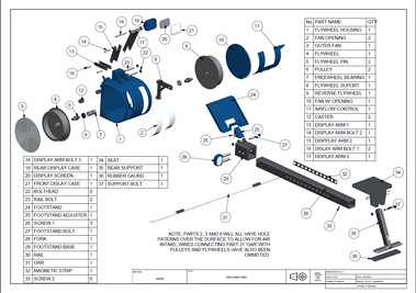 Technical drawing of an exploded view of the kayak ergometer, including annotation and parts-list.