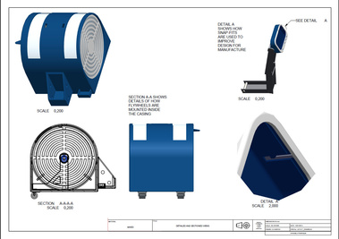 Partially rendered technical drawing including orthographic, isometric, sectional and detailed views of a number of the components. Includes annotation. 