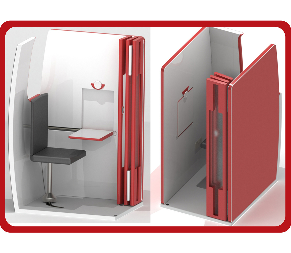 2 rendered images of a booth designed for small working spaces. The booth has a folding door, a rotating chair and a folding table.