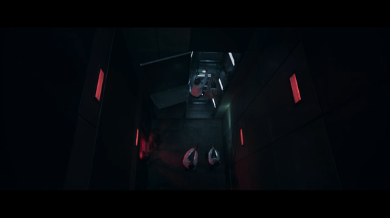 4 actors climbing out of elevator shaft using a hidden emergency escape ladder. Dramatic atmosphere where the scene is very dark, lit by red lights and torchlight.