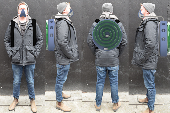 Front, back and both side views of a man, with rendered images of a speculative wearable device. This device looks like a blue, circular backpack with vents along around the circumference, and a coiled pipe with algae inside.