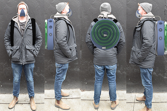 Front, back and both side views of a man, with rendered images of a speculative wearable device. This device looks like a blue, circular backpack with vents along around the circumference, and a coiled pipe with algae inside.