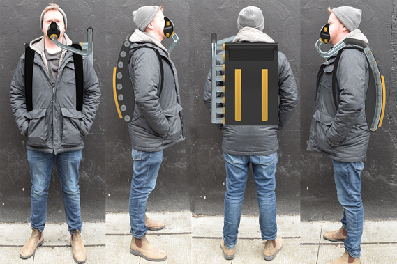 Front, back and both side views of a man, with rendered images of a speculative wearable device. This device looks like a black backpack with vents along one side, and a hose that connects to the users face on the other.