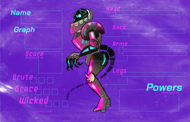An image of a page for the book. This is the character sheet, showing sections for the player to write in their Name, Scores, Weapons, Mods and Powers. There is an drawing of a mech in the background. Art by Santo Aveiro