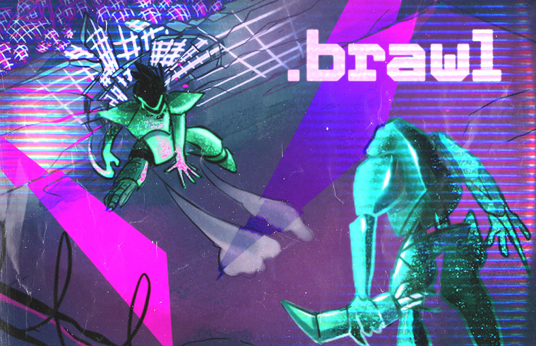 Digital drawing of one mech holding a large blade, standing over another mech who sits on the floor, in front of a broken wall. Art by Santo Aveiro