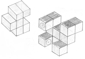 Pencil sketch of block-style speaker system. The blocks are joined together in a sporadic way with many gaps.