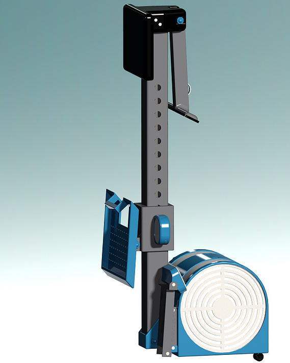 A render of a kayak ergometer folded for storage. The long strut hinges upwards to stored.
