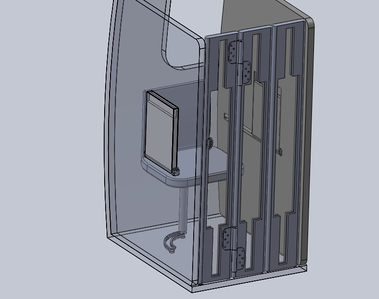 Transparent view of 3D model of the booth. There is a moveable and rotating chair, a folding table on each wall, and a folding door.