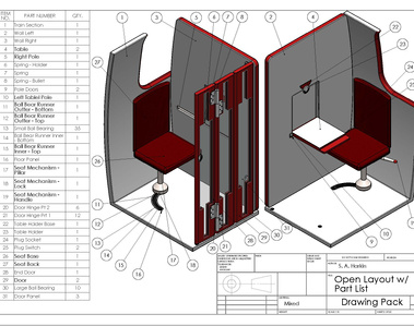 2 isometric views of the CAD model of the booth, including a part-list with annotations.