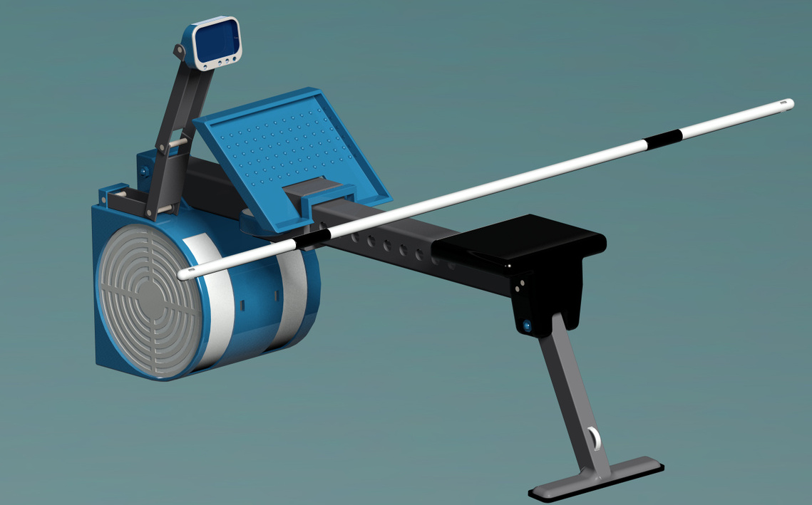 A render of a kayak ergometer - a rowing machine-style exercise machine with 2 flywheels and oar-like handle which simulates kayaking.