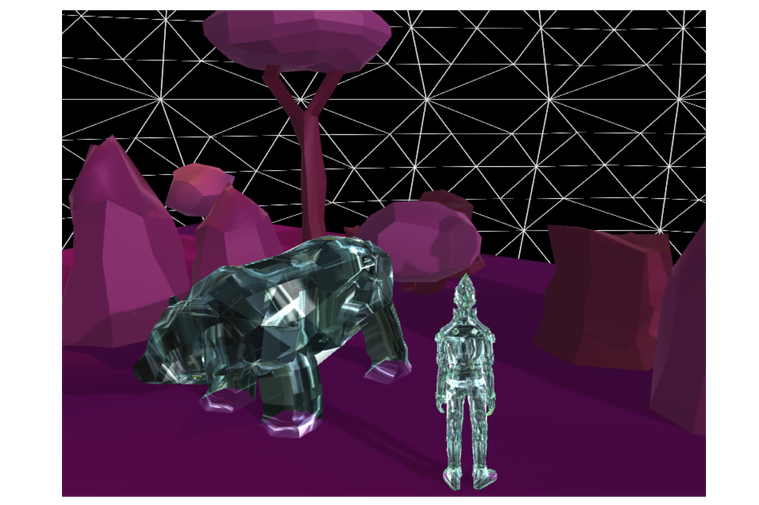 Extremely low poly 3D art from a game sketch. A human character model stands next to a bear, a tree, a bush, and a number of rocks.