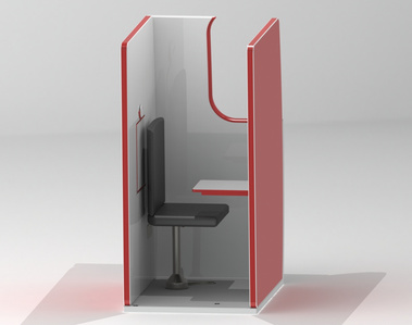 Render of a small booth. The folding door is open, the chair is against the rear wall, with one of the folding desks infront.