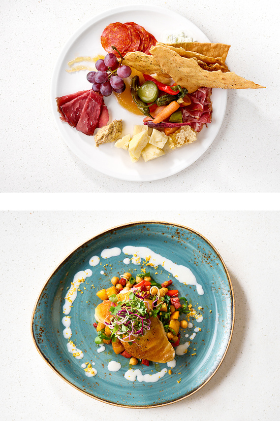 2 top down shots: Shot one is a colorful charcuterie plate on white. Shot two is a seared halibut filet artfully plated on a turquoise dish. Image by Megan Morello Commercial food photographer and lifestyle photographer in San Diego, Southern California.