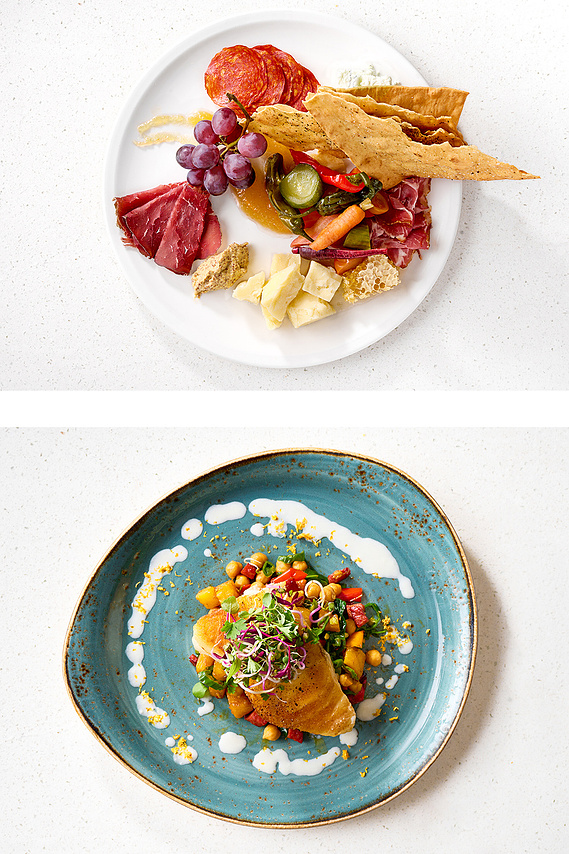 2 top down shots: Shot one is a colorful charcuterie plate on white. Shot two is a seared halibut filet artfully plated on a turquoise dish. Image by Megan Morello Commercial food photographer and lifestyle photographer in San Diego, Southern California.