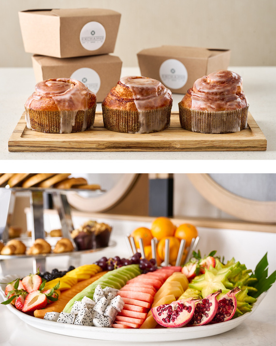 Top image is three cinnamon rolls- straight on shot.I Bottom image is close up of tropical fruit platter. Shot by Megan Morello Commercial food photographer and lifestyle photographer in San Diego, Southern California.
