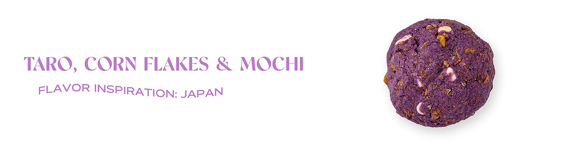 Taro, corn flake, and mochi cookie on white with drop shadow. Image shot by Megan Morello, San Diego and Southern California Food and Photographer.