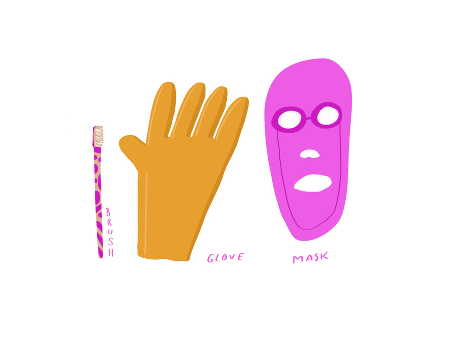 A tooth brush. A glove. A pink mask.