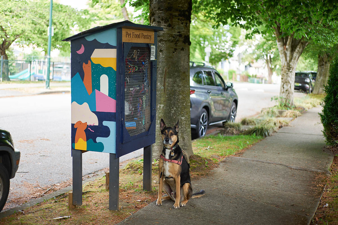 A photo of the Vancouver Pet Food Pantry and artist Annie Chen's dog Sammy.