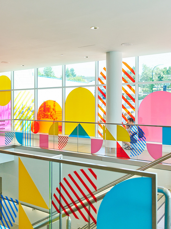 A vibrant vinyl installation featuring colorful geometric designs by Annie Chen.