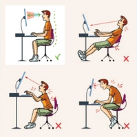 Four cartoon images of a man at a desk inn ideal and three other various poor postures