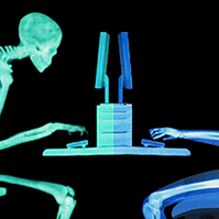 A radiographic-style image comparing two skeletons sitting at a desk facing each other/their screens; one with poor, flexed posture and the other with ideal, straight neck and back posture
