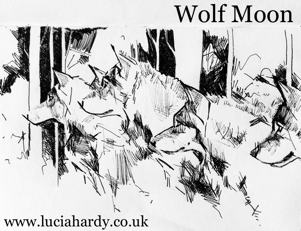 wolf moon graphic, including my website www.luciahardy.co.uk and a ink drawing of a pack of wolves in profile, all staring intently together, dark woods in the background.