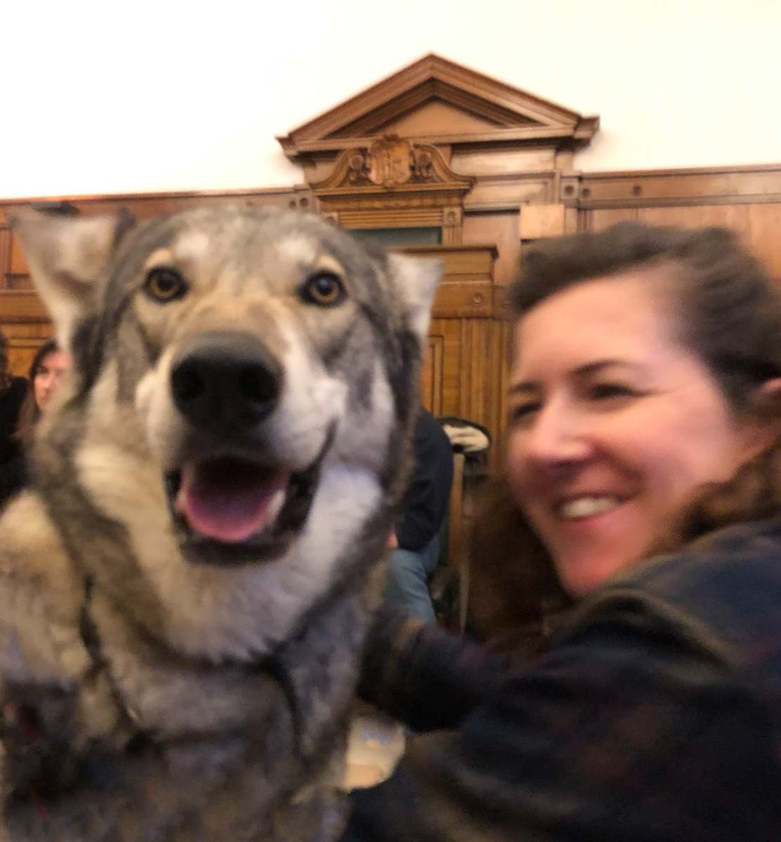wolf dog and artist smiling into the camera! 