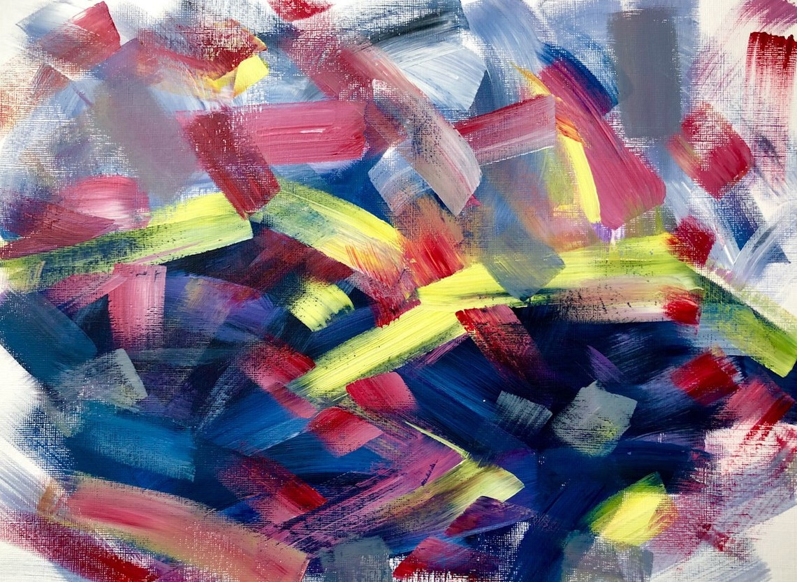 Abstract landscape of reds, pinks, lemon yellow and dark blues