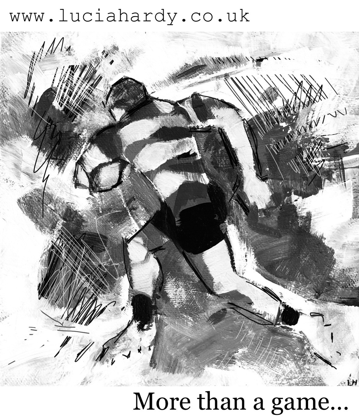 monochrome image of man running with a rugby ball