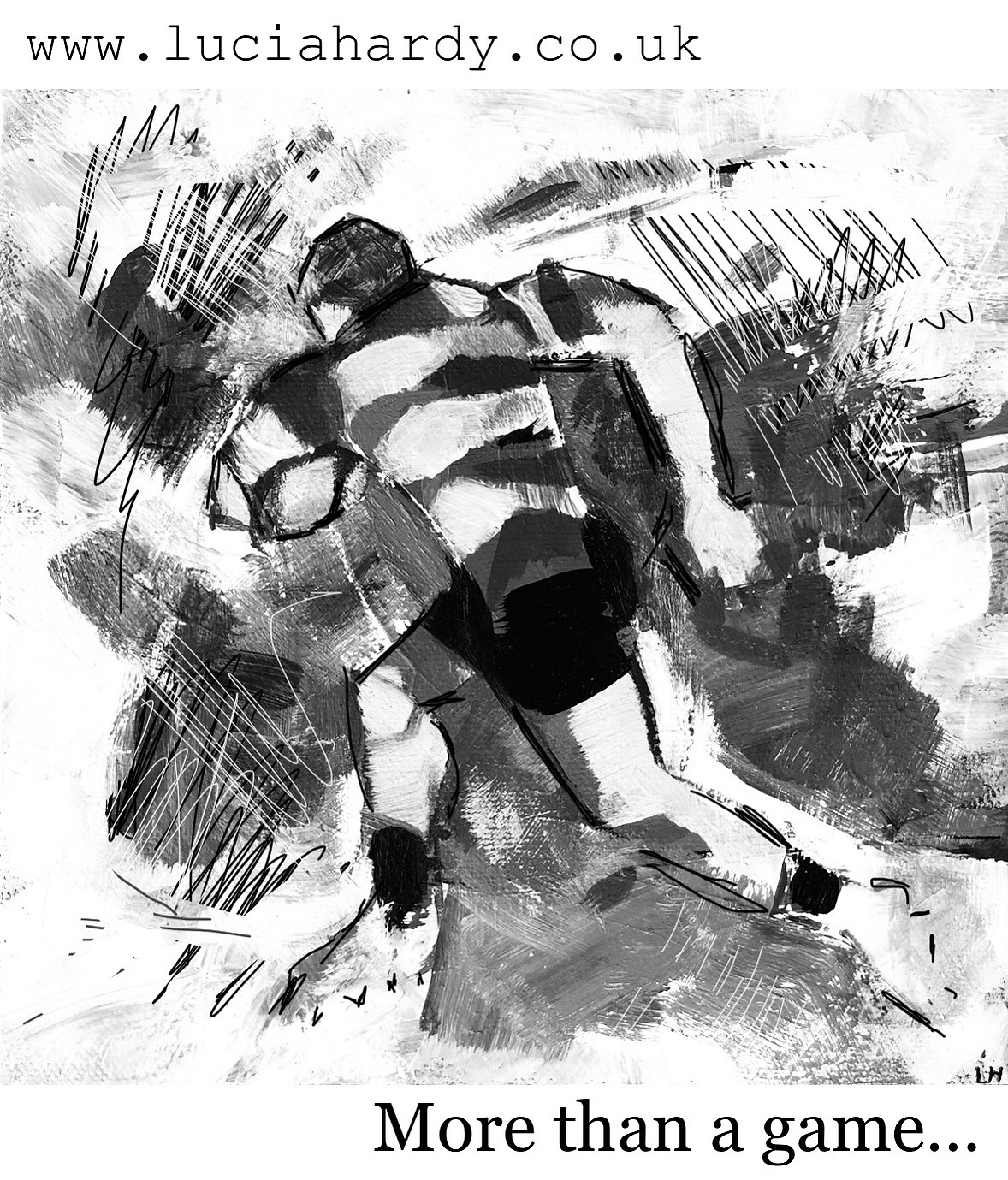monochrome image of man running with a rugby ball